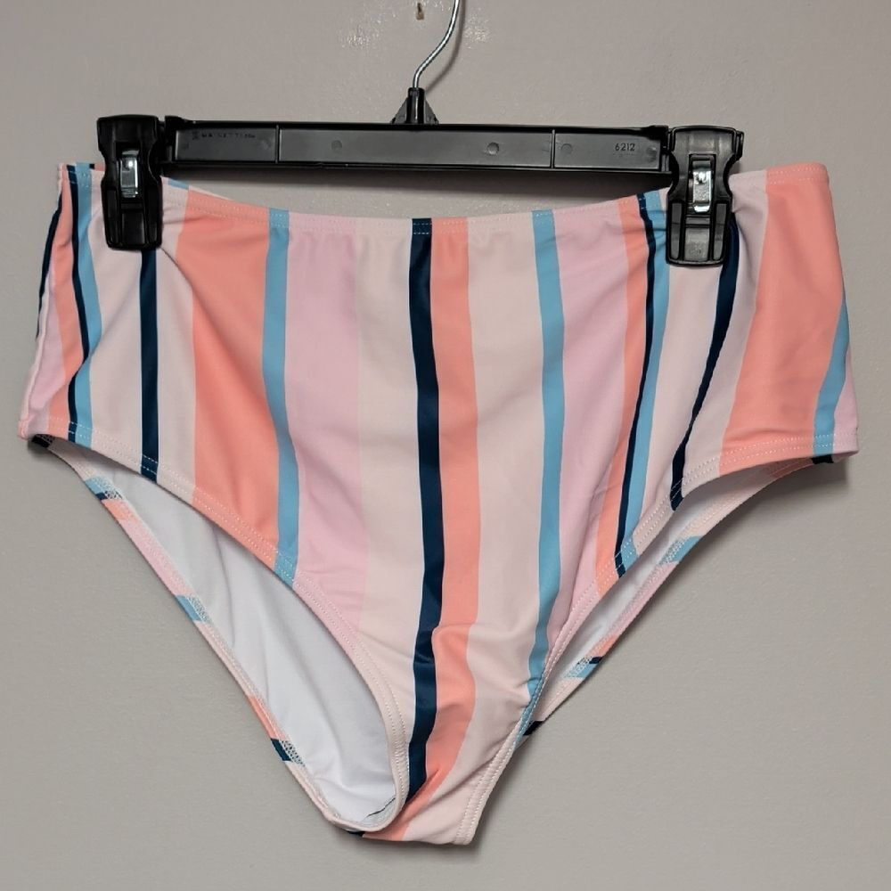 Striped High-Waist Bikini Bottoms - Coral, Light Pink & Navy